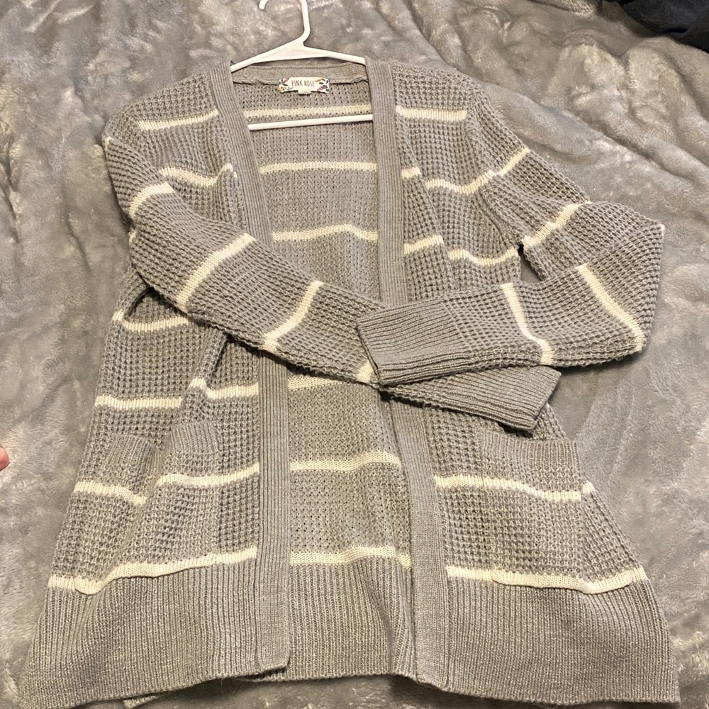 Pink Rose Gray & Cream Striped Open-Front Cardigan